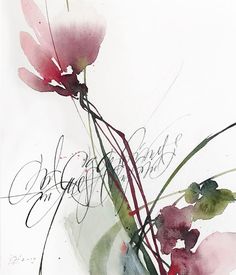 a watercolor painting of pink flowers in a vase with writing on the back side