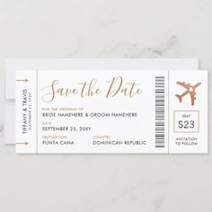 a white ticket with the words save the date on it