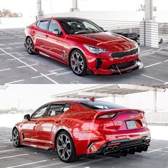 two different views of a red car parked in a parking lot next to each other