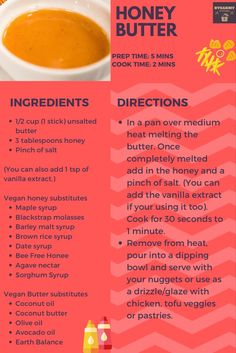 the recipe for honey butter is shown in red and pink colors, with instructions on how to use it