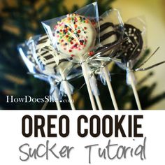 there are some cake pops with sprinkles on them and the words oreo cookie sucker