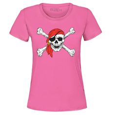 Exclusively from Shop4Ever official Shop4Ever brand. Designed and printed in the United States. Comfortable, modern fit, cotton blend, wash inside out with cold water. Print may appear smaller on larger sizes. Dress up like for a pirate party or pirate festival ~ makes a great Halloween costume. Perfect birthday gift or Christmas gift for pirate fan. Check out our store for our wide selection of pirate apparel. Crew Neck Cotton Shirt With Skull Print, Cotton Crew Neck Shirt With Skull Print, Casual Pink T-shirt With Skull Print, Pirate Festival, Great Halloween Costumes, Water Print, Pirate Flag, Skull Crossbones, Pirate Skull