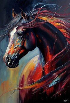 a painting of a horse with flowing hair