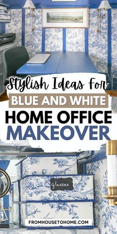 Small Home Office With Blue And White Toile