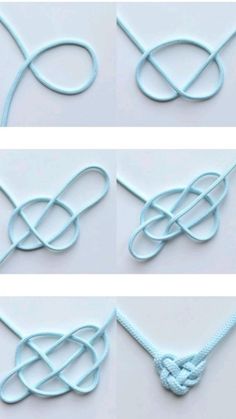 three pictures of different knots on a white surface, one is blue and the other is light blue