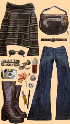 a woman's clothing and accessories including boots, purse, sunglasses, belt, handbag