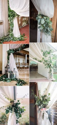 the wedding ceremony is decorated with greenery