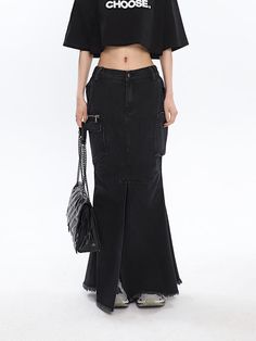 1 Edgy Black Denim Skirt With Pockets, Black Denim Skirt With Pockets, Edgy Black Denim Skirt, Trendy Black Long Skirt, Black Mid-rise Denim Skirt With Pockets, Mid-rise Black Skirt With Pockets, Black Mid-rise Skirt With Pockets, Edgy Dark Wash Skirt With Pockets, Casual Black Denim Cargo Skirt