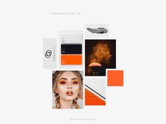 an orange and white collage with different images