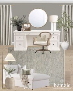 a white desk with a mirror, chair and lamp