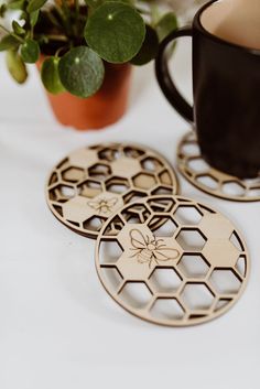 three wooden coasters sitting next to a potted plant