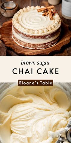 a brown sugar chai cake with white frosting on a wooden platter next to other desserts