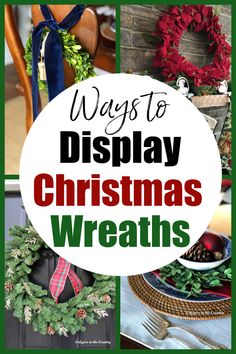 Collage of Christmas wreath decorating ideas. Wreaths Inside Windows, Wreath Placement Ideas, Hanging Wreaths On Windows With Ribbon, Decorating With Wreaths Indoors, Wreaths On Windows Indoors, Indoor Wreath Ideas Living Rooms, Wreaths On Cabinet Doors, How To Hang Wreaths On Windows, Wreath Hanging Ideas