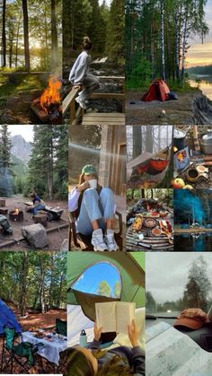 a collage of pictures with people camping