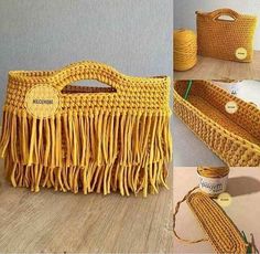 a yellow purse with fringes on the inside and outside, sitting on a table