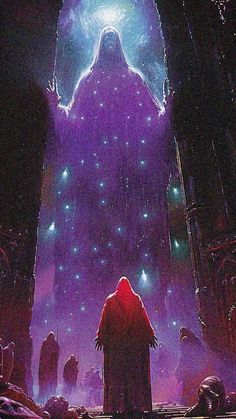 an image of a man standing in front of a giant purple alien with glowing eyes