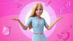 a barbie doll is holding out her hands in front of a pink background with icons