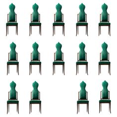 a set of twelve chairs with green upholstered back and arms, all facing different directions