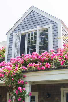 pink flowers are growing on the side of a gray house with white trim and windows