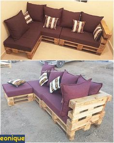 a couch made out of wooden pallets with pillows on top and the bottom half