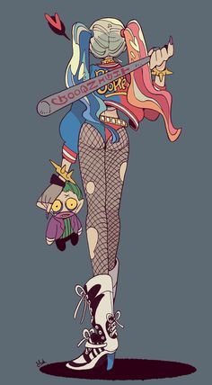 a drawing of a woman holding a baseball bat and some stuffed animals in her arms