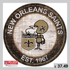 the new orleans saints logo is shown on a wooden plaque that reads,'new orleans saints