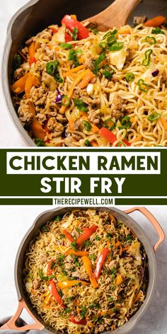 chicken ramen stir fry in a skillet with text overlay