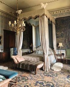 an ornate bedroom with four poster bed, chandelier and rug on the floor