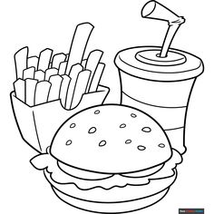 Free Food Coloring Page for Kids Snack Coloring Pages, Hamburger Coloring Page, Aesthetic Food Coloring Pages, Cute Food Colouring Page, Food Coloring Page, Food And Snacks Coloring Book, Easy Drawing Guides, Printable Food, Food Coloring Pages