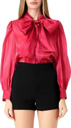 Endless Rose Organza Bow Tie Shirt | Nordstrom Elegant Fall Blouse With Bow Tie, Spring Party Top With Bow Tie, Party Long Sleeve Blouse With Bow Tie, Spring Bow Tie Top For Party, Elegant Spring Tops With Detachable Bow, Elegant Tops With Detachable Bow For Spring, Chic Spring Blouse With Bow Tie, Chic Bow Tie Blouse For Spring, Spring Party Blouse With Tie Sleeves