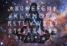 a person sitting in the middle of a space filled with stars and letters that spell out their names