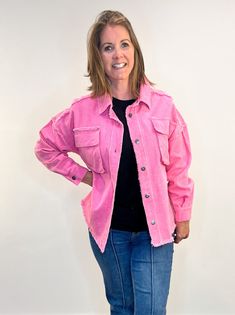 Stay chic and effortless in our Washed Oversized Denim Chambray Jacket. With long sleeves, a button-up front, and patch pockets, this jacket is perfect for any occasion. The frayed hem, raw edge detail, and drop shoulder add a touch of edginess to your look. Get that cool, undone vibe with our frayed denim jacket. Functional Button Up Shacket Frayed Hem Patch Pockets Raw Edge Detail Oversized Fit with Drop Shoulder Trendy Washed Shacket, Trendy Washed Utility Jacket, Trendy Washed Shacket For Spring, Pink Washed Long Sleeve Outerwear, Long Sleeve Washed Pink Outerwear, Pink Washed Outerwear For Fall, Pink Button-up Shacket For Spring, Winter Outerwear With Frayed Hem And Relaxed Fit, Relaxed Fit Button-up Outerwear With Frayed Hem