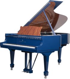 a blue grand piano with a wooden case