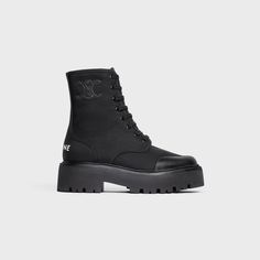 CELINE BULKY LACED UP BOOT in NYLON AND SHINY BULL Celine Boots, Designer Ankle Boots, Celine Shoes, Military Boots, Martin Boots, Womens Boots Ankle, Leather Patches, Boots Outfit, Lace Up Shoes