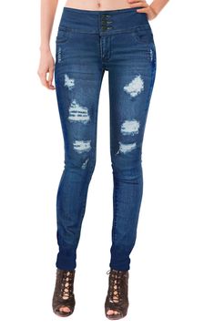 Keep it casual and cool in these button-front skinny jeans designed with an easy button fly. Skin Jeans, Yoga Jeans, Fall Denim, Sweater Jumpsuit, Red Pants, Designer Jeans, Romper With Skirt, Jeans Brands, Blue Jacket