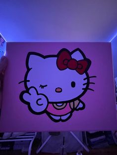 an image of a hello kitty painting on a purple background with a red bow in it's hair