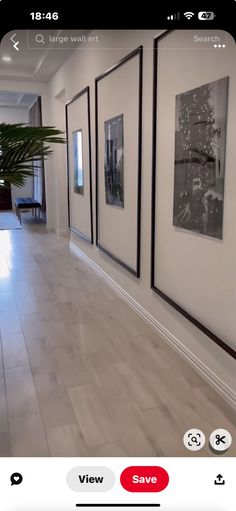 an image of a hallway with pictures hanging on the wall and a plant next to it