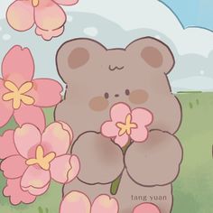 there is a cartoon bear holding flowers in the grass