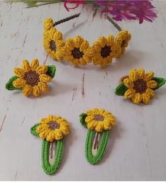 crocheted sunflower hair clips and clip set