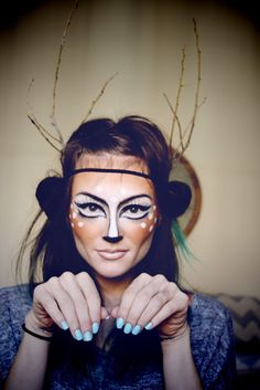 Don't understand the twigs on most of these female deer but like the makeup Halloween Makeup Diy Tutorial, Deer Halloween Makeup, Make Carnaval, Deer Makeup, Halloweenský Makeup, Diy Halloween Makeup, Botox Alternative