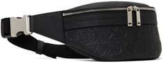 Grained calfskin pouch in black. · Adjustable and partially detachable belt-style strap · Logo embossed at top · Logo pattern embossed at face · Two-way zip closure · Patch pocket at interior · Twill lining · Logo-engraved silver-tone hardware · H6.5 x W17 x D3 Supplier color: Black Luxury Black Leather Belt Bag, Luxury Leather Belt Bag With Zipper, Luxury Leather Belt Bag With Zipper Closure, Luxury Black Belt Bag With Zipper Closure, Ferragamo Bag, Ferragamo Men, Belt Style, Silver Engraving, Logo Pattern