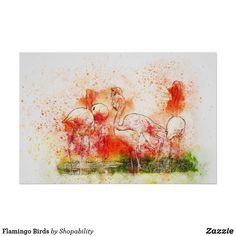 three flamingos standing in the grass with orange and red paint splattered on them