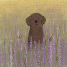 a drawing of a dog sitting in the middle of a field of purple flowers and grass