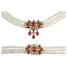 A graceful ruby and diamond Necklace and bracelet set consisting each of a very well made 18 Karat gold element set with lively rubies and diamonds on three stands of white pearls. Both the quality of the gemstones and the make are excellent. Details: Ruby app. weight: 4,25 carats, Diamond app. weight: 1,71 carats Bracelet length: 18,3 cm - 7.2 inches Necklace length: 42 cm - 16.5 inches Sizing is possible. Gold Element, Rubies And Diamonds, Ruby And Diamond Necklace, Royalty Fashion, Necklace And Bracelet Set, Necklace And Bracelet, Ruby Diamond, Dream Jewelry, Pretty Jewellery