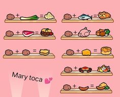 many different foods on wooden shelves with the words mary toca written below each shelf