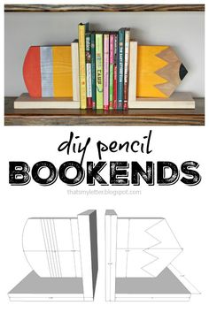 a book shelf with books and pencils on it