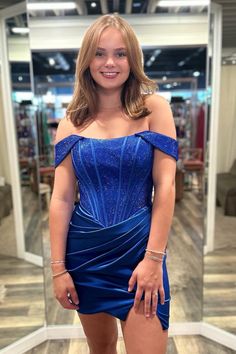 Expertly crafted with luxurious satin material, this off-shoulder royal blue dress boasts a stunning bodycon silhouette and corset bodice adorned with exquisite beading. Its above-knee length and lace-up back create an alluring and elegant look perfect for any occasion. And with a built-in bra for added support, this d Hoco Dresses Tight, Winter Formal Dresses, Junior Prom Dresses, Royal Blue Dress, Corset Bodice, Short Prom Dress, Sweet 16 Dresses, Royal Blue Color, Hoco Dresses