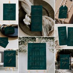 a collage of photos with green and gold wedding stationery on top of each other