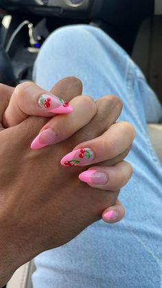 Almond shaped pink french tip nails with cherry details on the thumbs and middle fingers Cherry Nails, Cute Nail Art Designs, Almond Shape Nails, Almond Nails Designs, Fire Nails, Nail Arts, Best Acrylic Nails, Cute Acrylic Nails, Acrylic Nail Designs