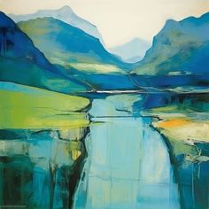 an abstract painting of mountains and water